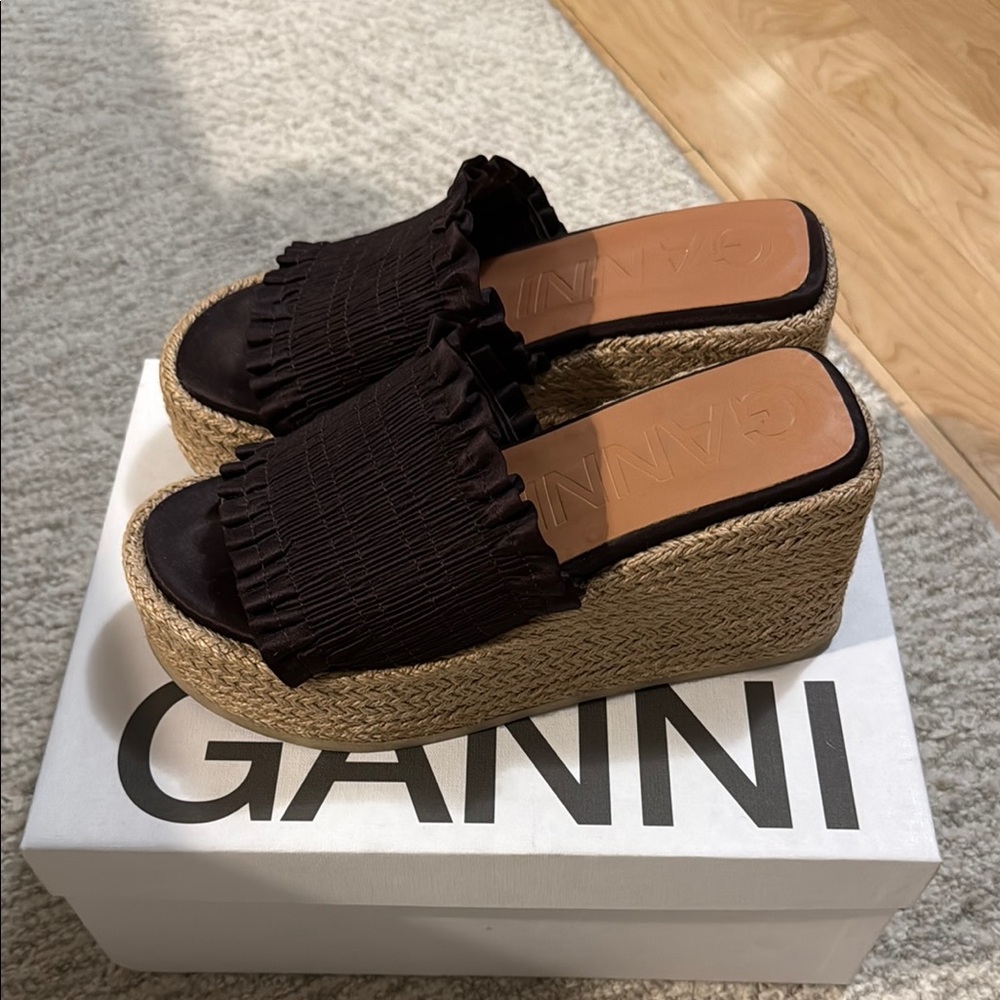 Ganni Black and Tan Platform Shoes with Fringe Detail